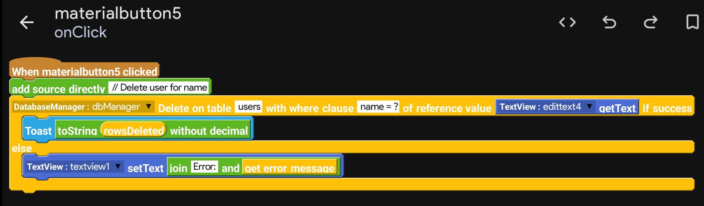 Sketchware blocks for deleteData