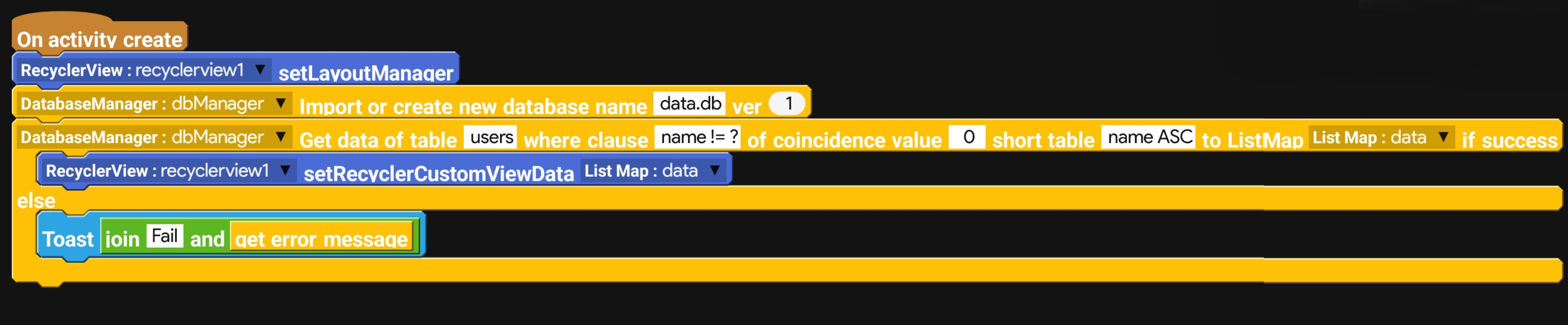 Sketchware blocks for readData to ListMap