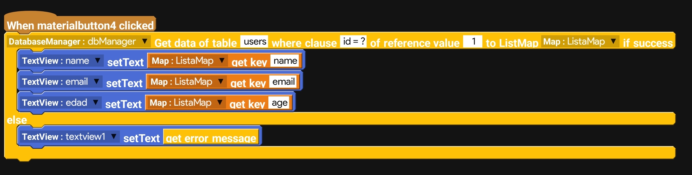 Sketchware blocks for readSingleRecord