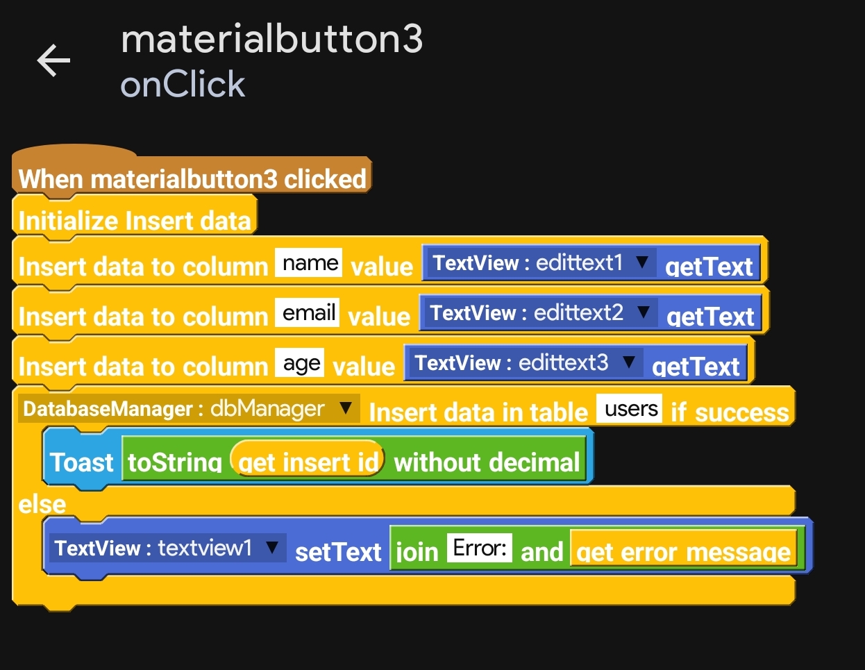 Sketchware blocks for insertData