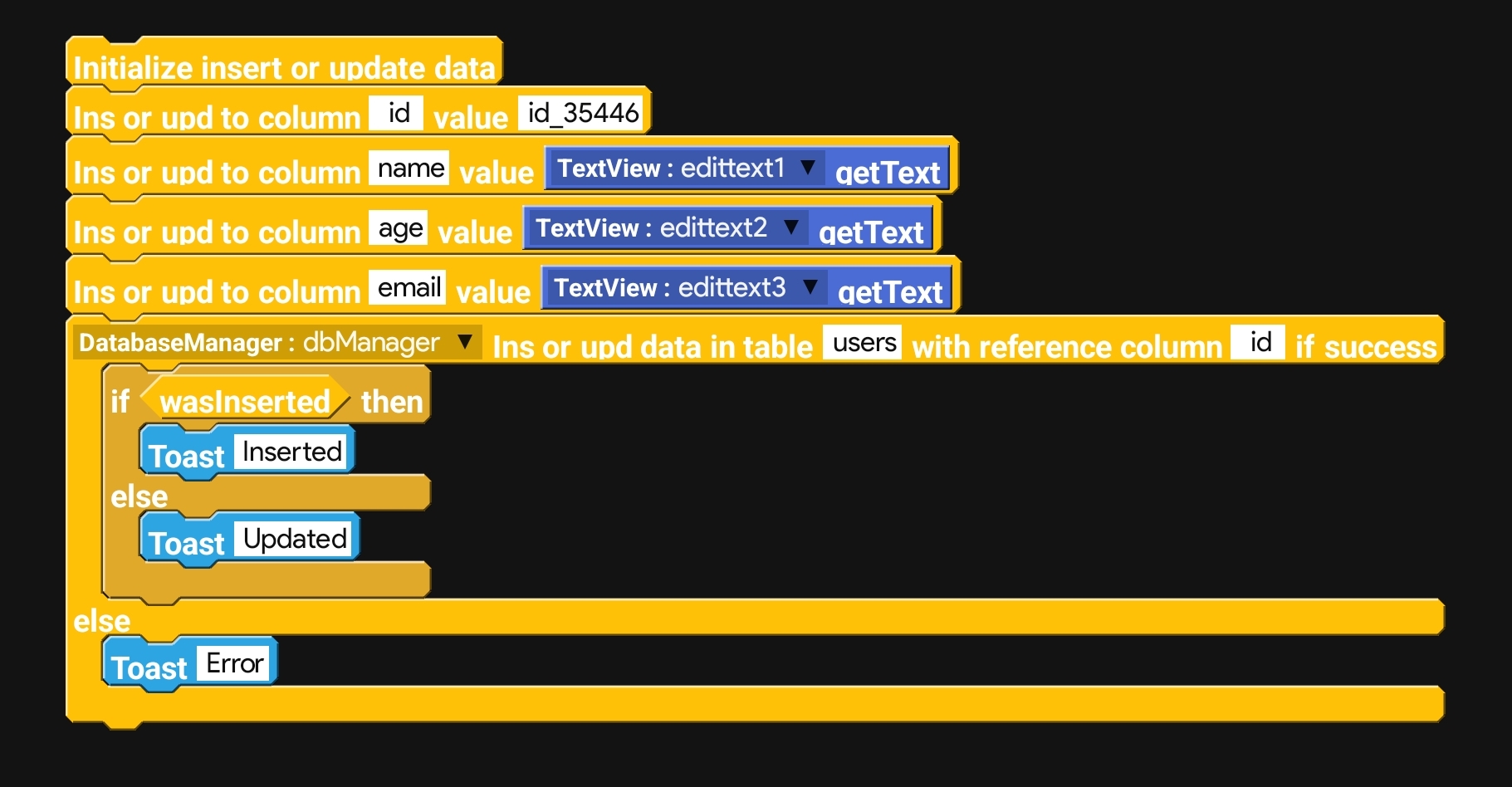 Sketchware blocks for insertOrUpdate