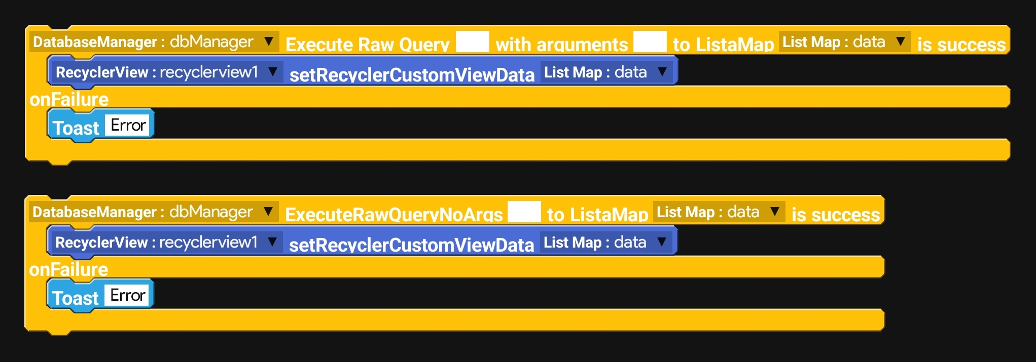 Sketchware blocks for rawQuery