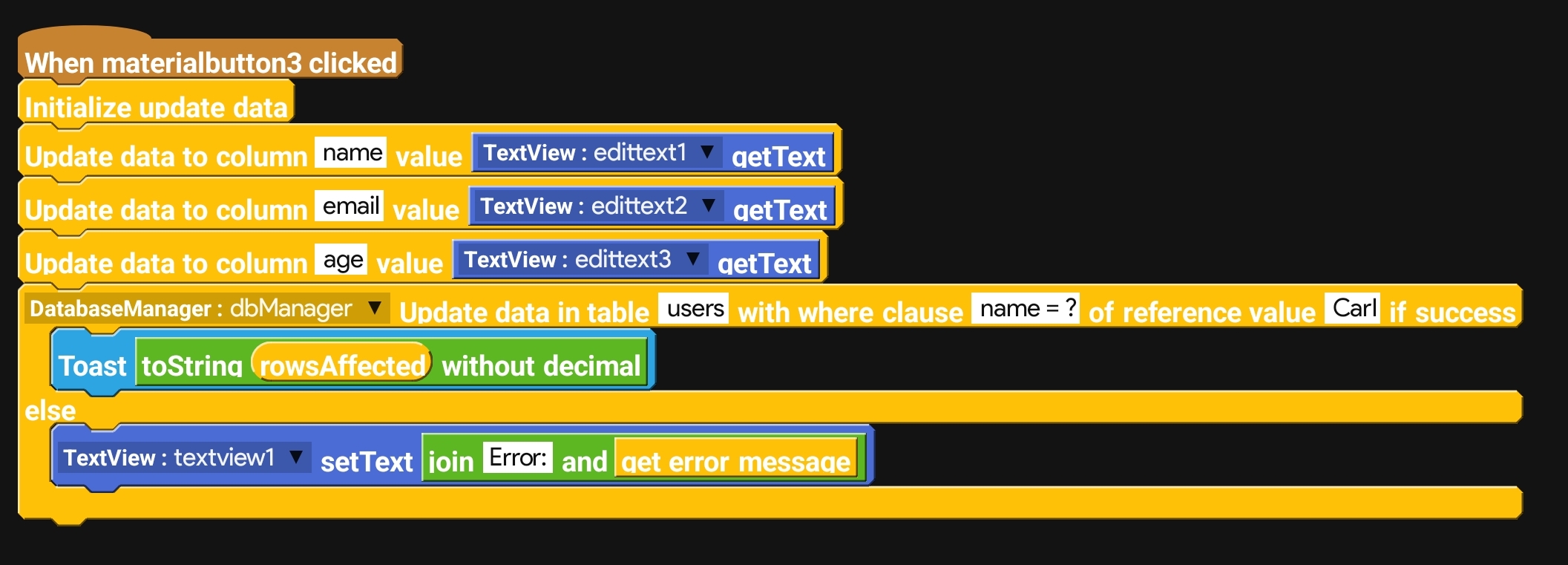 Sketchware blocks for updateData